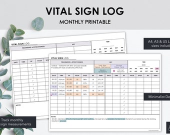 Vital Sign Log | Chart Tägliche Vitalfunktionen | Monitor monatliche Vitalfunktionen & Behandlungen | Minimalistisches Design | Sofort Download