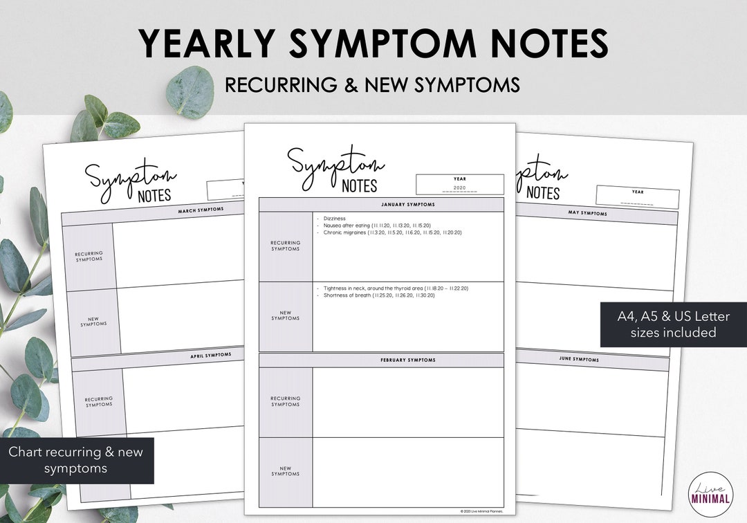 Annual Symptom Notes Printable | List Monthly Recurring and New ...