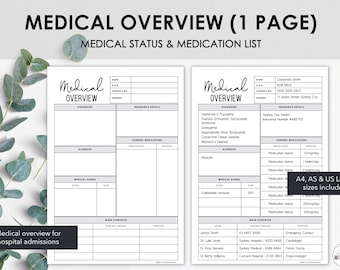 Medical Overview on One Page | Summary of important medical information to provide during ER admission or hospital visits | Instant Download