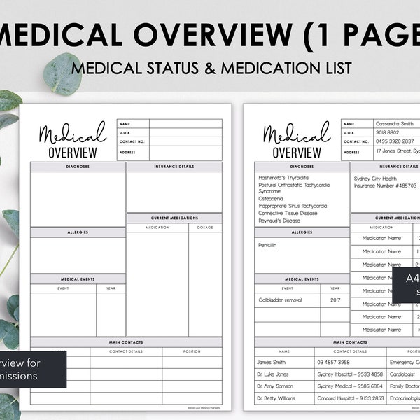 Aperçu médical sur une seule page | Résumé des informations médicales importantes à fournir lors de l'admission aux urgences ou des visites à l'hôpital | Téléchargement instantané