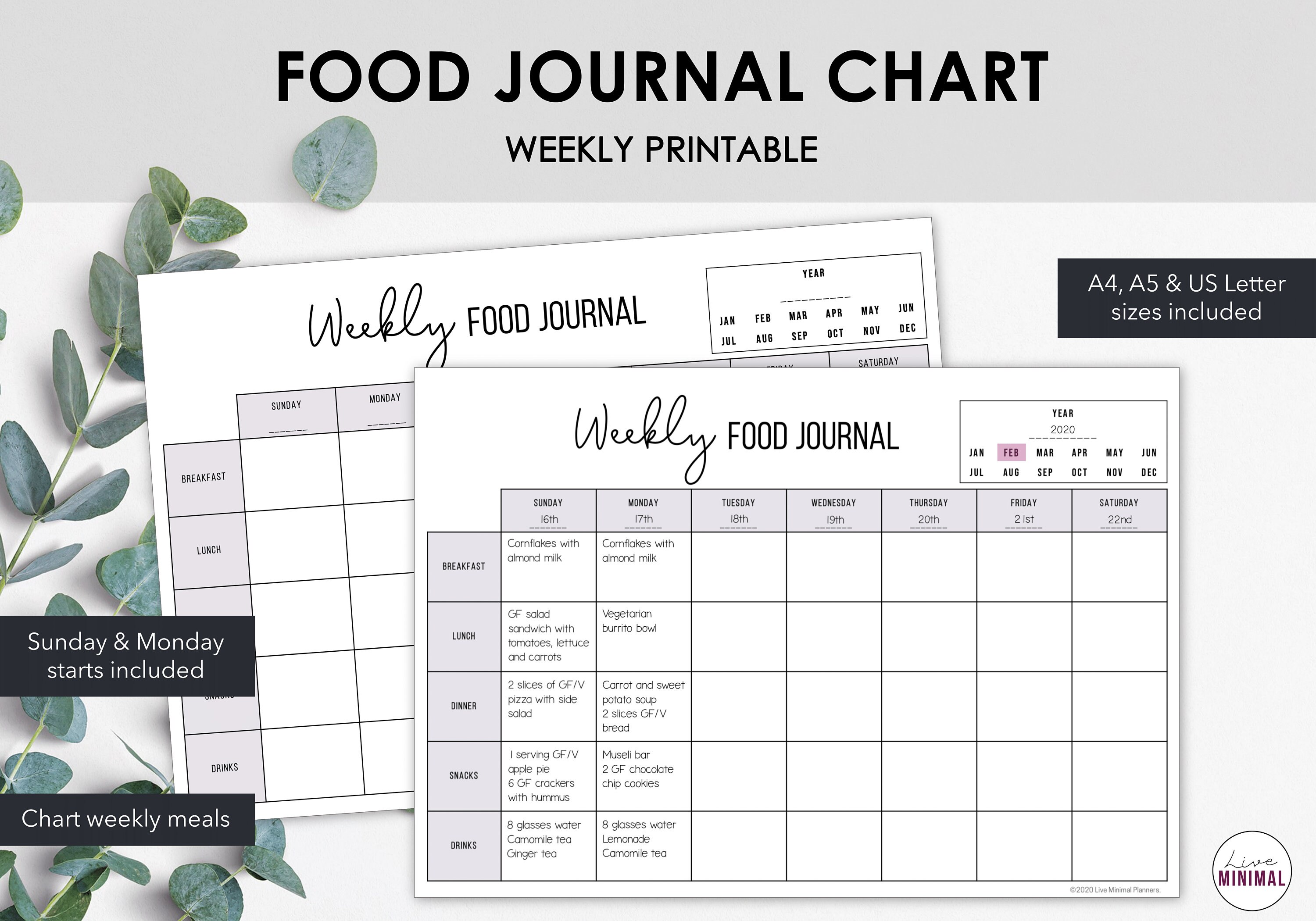 Weekly Food Journal Chart Track Daily Meals Meal Diary Etsy