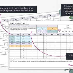 May include: Blood pressure chart with columns for date, time, BP, and pulse. Includes a key for normal and high blood pressure, and a section for treatments and notes. The chart is designed to track historical measurements.