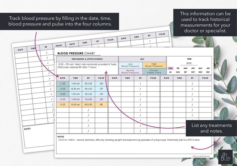 May include: Blood pressure chart with columns for date, time, BP, and pulse. Includes a key for normal and high blood pressure, and a section for treatments and notes. The chart is designed to track historical measurements.