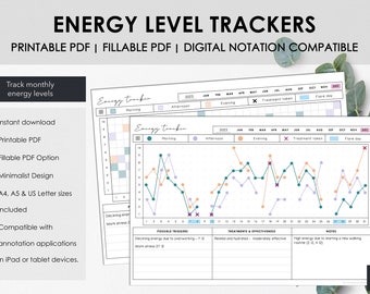 Suivi du niveau d'énergie mensuel imprimable et à remplir | Suivez les niveaux d'énergie et les traitements quotidiens | Téléchargement instantané