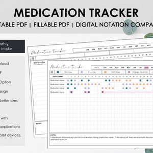 Afdrukbare en invulbare maandelijkse medicatietracker | Grafiek maandelijkse medicatie-inname | Direct downloaden