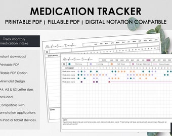 Printable and Fillable Monthly Medication Tracker | Chart Monthly Medication Intake | Instant Download