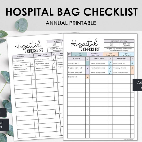 Hospital Bag Checklist | List Personal Items in a Printable Inventory Chart for an Overnight or a Longer Hospital Stay | Instant Download