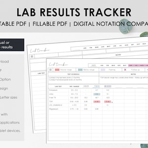 Afdrukbare en invulbare tracker voor medische laboratoriumtestresultaten | Afdrukbare grafiek om de resultaten van bloedtesten te controleren | Direct downloaden