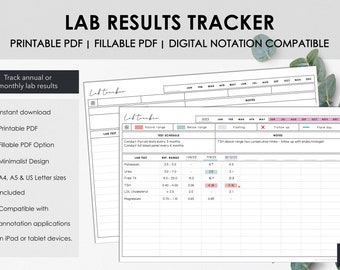 May include: A printable lab results tracker with a minimalist design. The PDF is fillable and compatible with digital notation on iPad or tablet devices. Includes A4, A5, and US Letter sizes. The tracker helps track annual or monthly lab results.