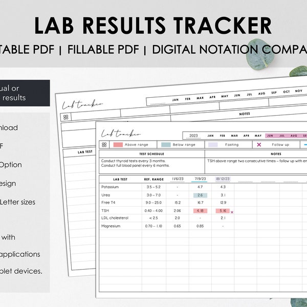 Tracker dei risultati dei test di laboratorio medico stampabile e compilabile / Grafico stampabile per monitorare i risultati degli esami del sangue / Download istantaneo