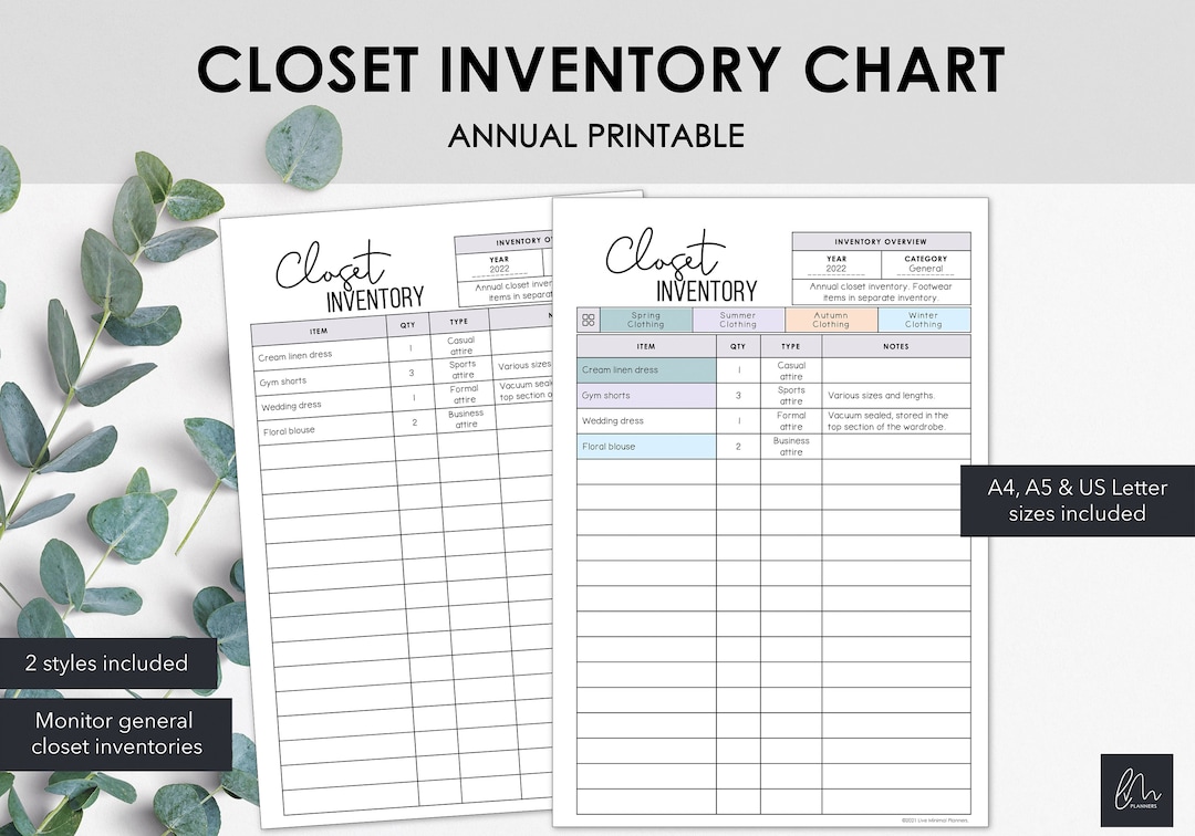 Closet Inventory Charts List Closet Related Items in a Printable
