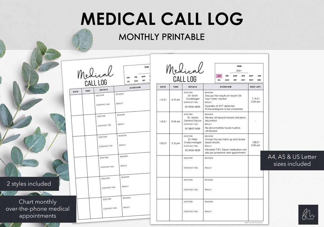 Post Op Phone Cal Log Medical Appointment Call Log | Chart Over the Phone Medical Appointment ...