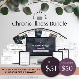 May include: An advertisement for a digital bundle focused on chronic illness. The image features a computer screen, tablets, and printed documents. The price is displayed as &pound;51. The text reads "Chronic Illness Bundle".