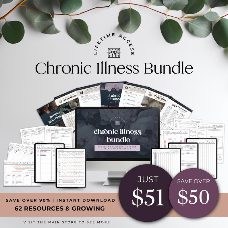 May include: An advertisement for a digital bundle focused on chronic illness. The image features a computer screen, tablets, and printed documents. The price is displayed as &pound;51. The text reads "Chronic Illness Bundle".
