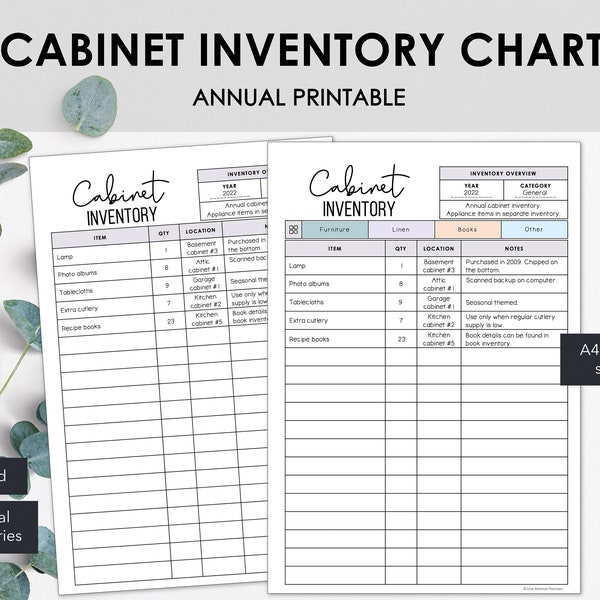 Cabinet Inventory Charts | List Cabinet Related Items in a Printable Household Inventory Tracker | Instant Download