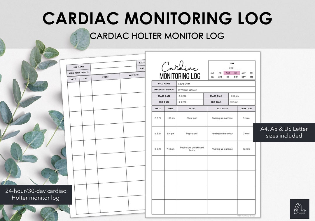 Cardiac Monitoring Log Printable 24hour Holter Monitor Diary or 30 Day