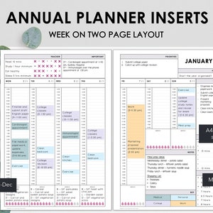 May include: Annual planner inserts with a week-on-two-page layout. The design includes a detailed schedule with sections for tasks, priorities, and notes. The planner is available in A4, A5, and US Letter sizes, with a minimalist design.