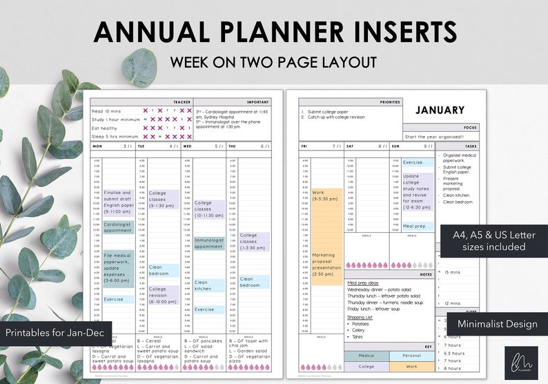 May include: Annual planner inserts with a week-on-two-page layout. The design includes a detailed schedule with sections for tasks, priorities, and notes. The planner is available in A4, A5, and US Letter sizes, with a minimalist design.