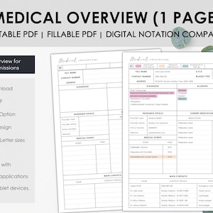 Printable and Fillable Medical Overview Template, Comprehensive Health Summary for those with Chronic Illness, Use During Hospital Admission