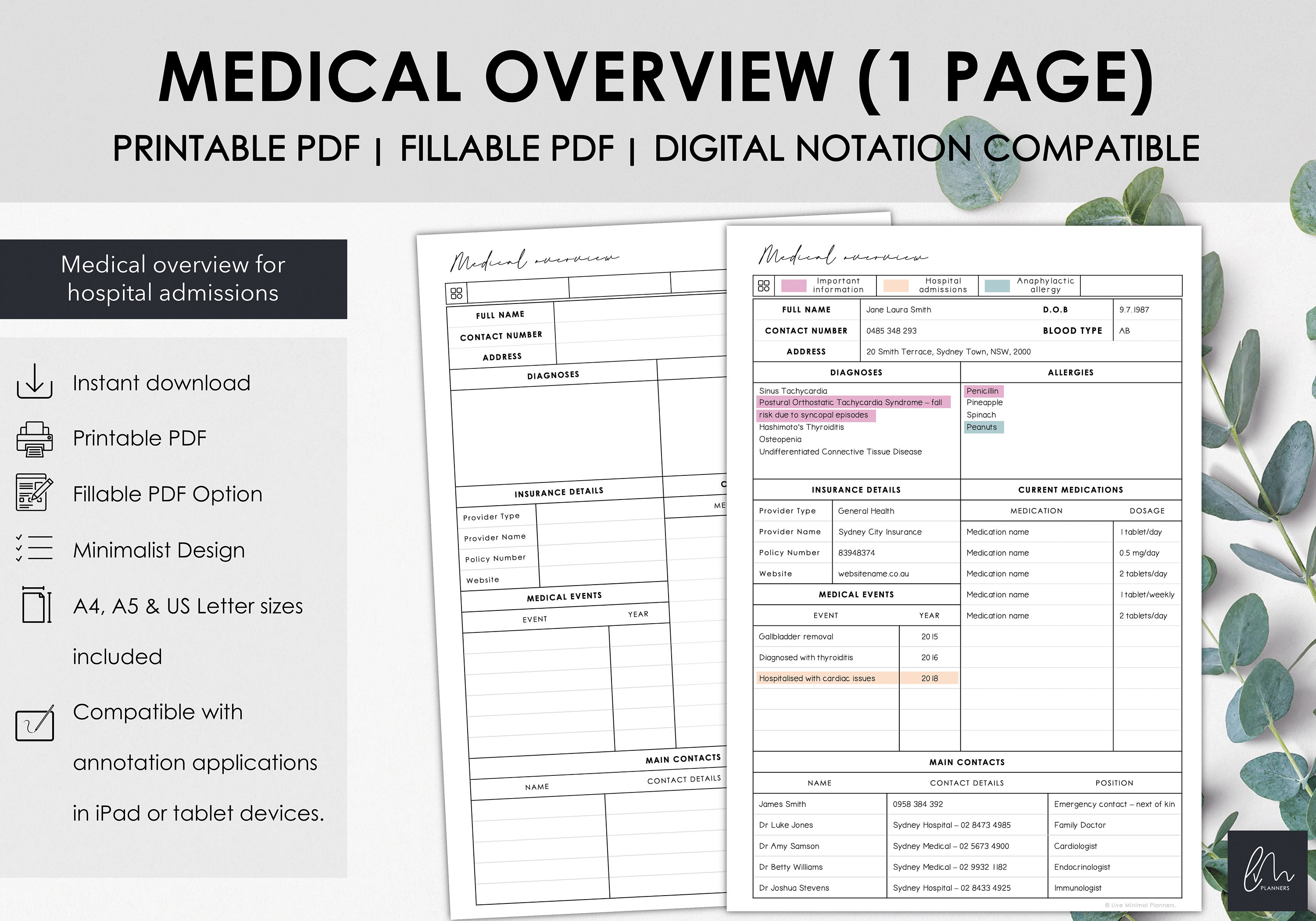 Printable and Fillable Medical Overview Template, Comprehensive Health ...
