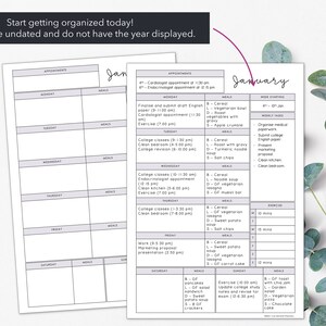 May include: Two undated printable planner pages with a January theme. One page features a weekly schedule with appointments and meals, while the other offers a daily layout. The text "Start getting organised today!" is at the top.