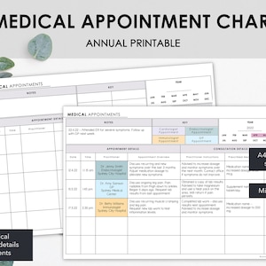 Afdrukbaar medisch afspraakschema | Lijst met details over jaarlijkse medische afspraak en opmerkingen over consulten | Minimalistisch ontwerp | Direct downloaden