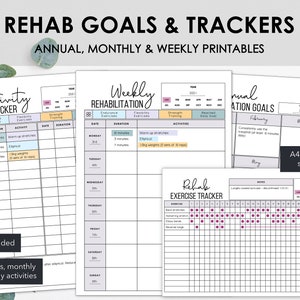 Può includere: Cinque tracker di obiettivi e attività di riabilitazione stampabili. I tracker sono progettati per aiutare le persone a monitorare i loro progressi con gli esercizi di riabilitazione. I tracker includono un tracker di riabilitazione settimanale, un tracker di attività, un tracker di obiettivi di riabilitazione mensile e un tracker di esercizi. I tracker sono disponibili in formato A4, A5 e US Letter.