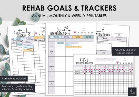 Exercise Rehabilitation Goals & Trackers | Physiotherapy Exercise Printable | Printable Monthly Rehabilitation Tracker | Instant Download