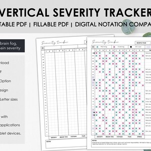 Printable and Fillable Vertical Monthly Severity Tracker to Chart Pain Anxiety Brain Fog & Fatigue for Chronic Illness Instant Download