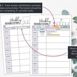 Puede incluir: Dos plantillas imprimibles de seguimiento de rehabilitaci&oacute;n semanal. Las plantillas incluyen secciones para la fecha, la duraci&oacute;n y las actividades. El texto en la parte superior de la imagen dice "Rehabilitaci&oacute;n Semanal". La imagen tambi&eacute;n incluye el texto "Seguimiento de actividades de rehabilitaci&oacute;n semanal".