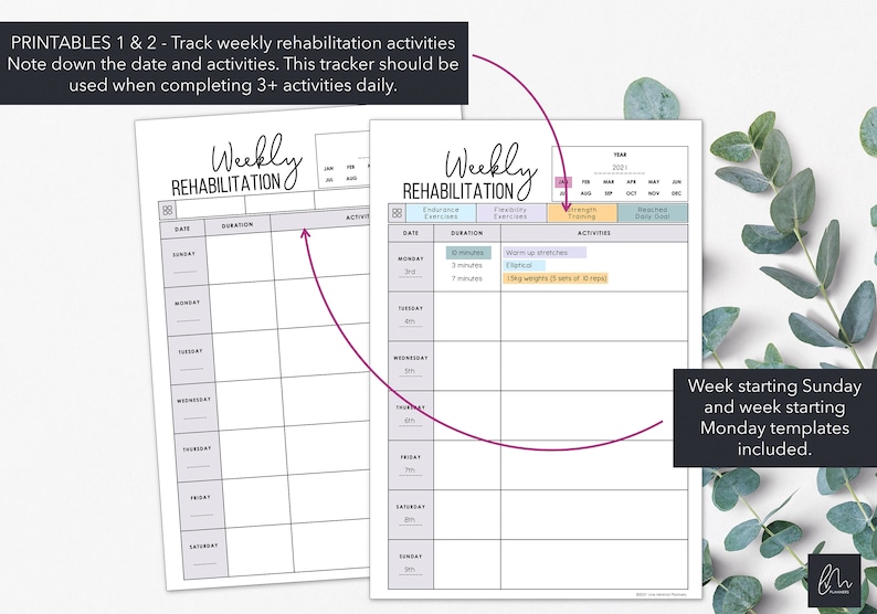 Puede incluir: Dos plantillas imprimibles de seguimiento de rehabilitaci&oacute;n semanal. Las plantillas incluyen secciones para la fecha, la duraci&oacute;n y las actividades. El texto en la parte superior de la imagen dice "Rehabilitaci&oacute;n Semanal". La imagen tambi&eacute;n incluye el texto "Seguimiento de actividades de rehabilitaci&oacute;n semanal".