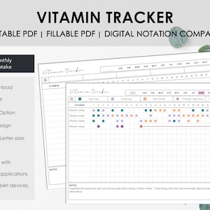 Afdrukbare en invulbare maandelijkse vitaminetracker | Maandelijkse vitamine-inname in kaart brengen en beheren | Direct downloaden