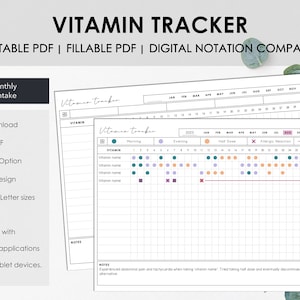 Printable and Fillable Monthly Vitamin Tracker | Chart & Manage Monthly Vitamin Intake | Instant Download