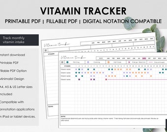 May include: A vitamin tracker printable in PDF format, with the title "Vitamin Tracker". It features a monthly intake chart, with sections for morning, evening, and half-dose tracking. Compatible with annotation apps, and available in A4 and A5 sizes.