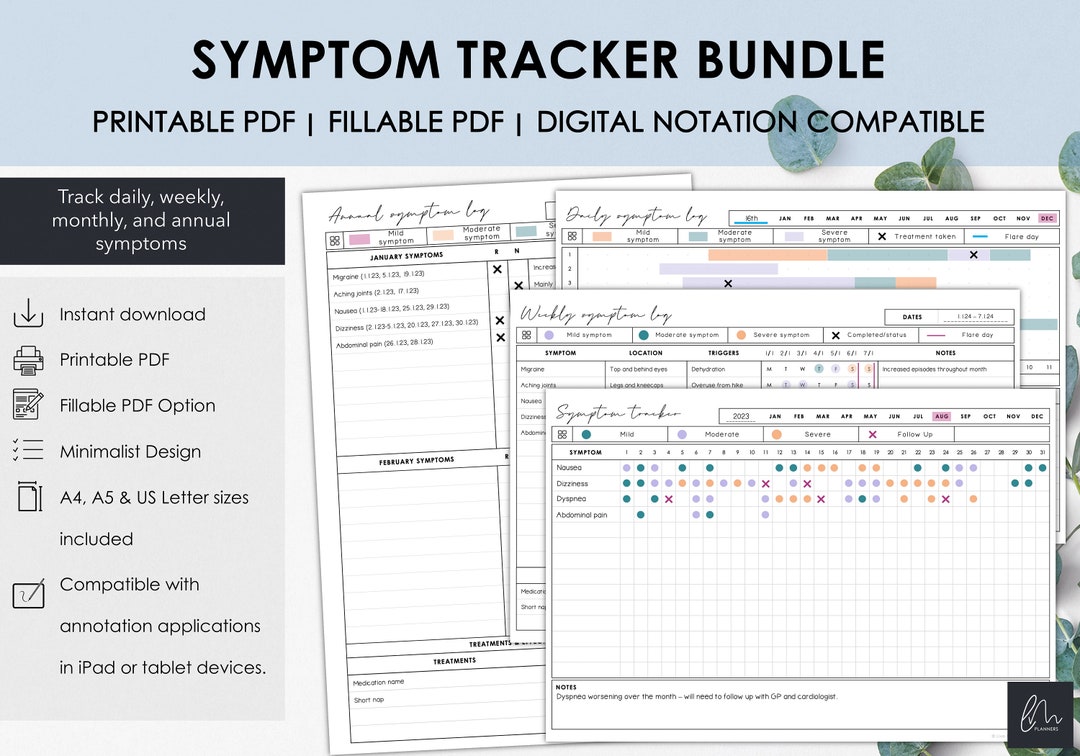 Printable and Fillable Symptom Tracker Bundle, Track Daily, Weekly ...