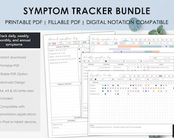 May include: A digital symptom tracker bundle with printable and fillable PDF options. The design includes daily, weekly, monthly, and annual symptom tracking logs. Compatible with annotation applications on iPad or tablet devices. Includes A4, A5, and US Letter sizes.