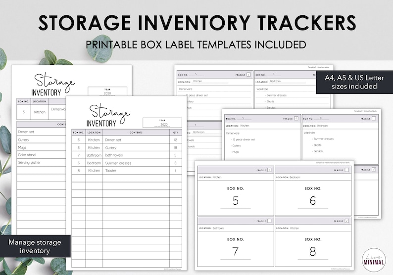 May include: White printable storage inventory trackers with box label templates. The templates include sections for box number, location, contents, and quantity. The text "Storage Inventory Trackers" is at the top.