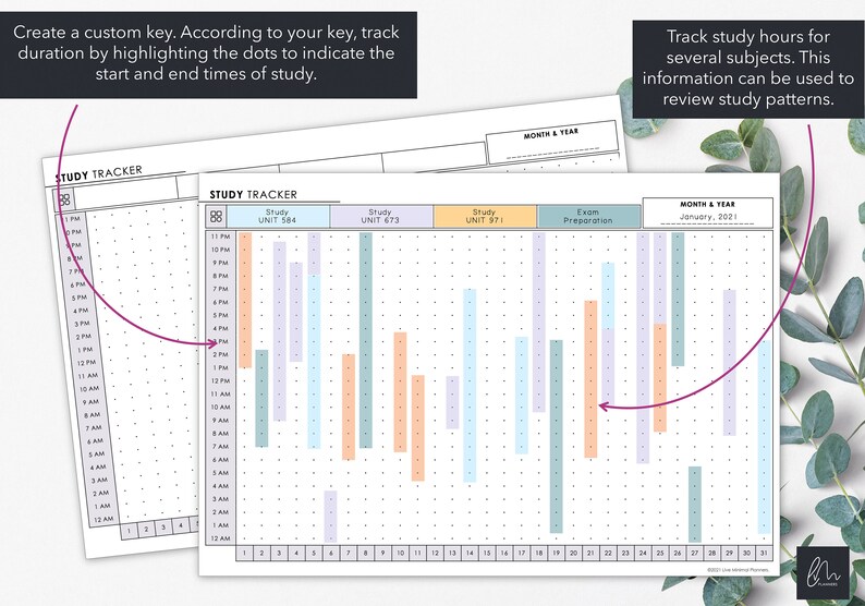 May include: Two study tracker sheets with text that reads "Create a custom key. According to your key, track duration by highlighting the dots to indicate the start and end times of study." and "Track study hours for several subjects. This information can be used to review study patterns."