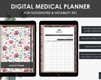 Digital Medical Planner | Hyperlinked Planner | Manage Medical Notes Expenses Symptoms | Minimalist Floral Print | Digital Download