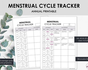 Jährlicher Menstruationszyklus Tracker | Track Details & Symptome | Druckbarer Menstruationszyklus Tracker mit minimalistischem Design | Sofort Download