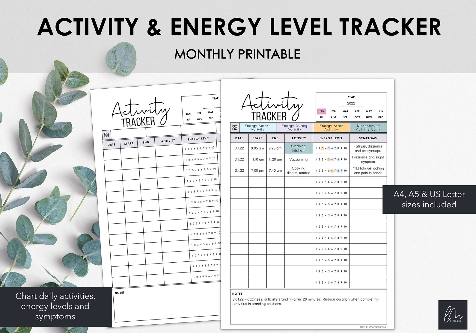 Activity & Energy Level Tracker Chart Daily Weekly Monthly Etsy Ireland