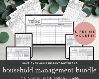 Lifetime Access Household Printables Template Bundle, Chart Household Inventories, Home Finance Management
