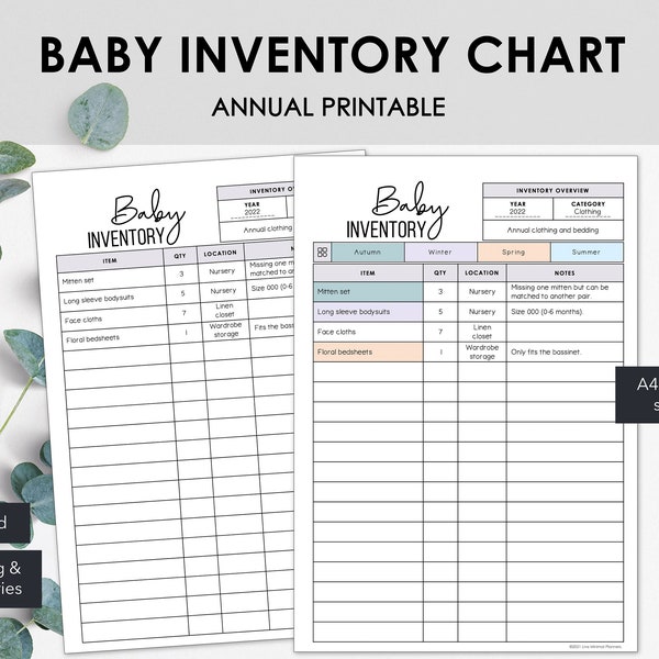 Nursery Inventory Charts | List Baby Related Items in a Printable Household Inventory Tracker | Instant Download