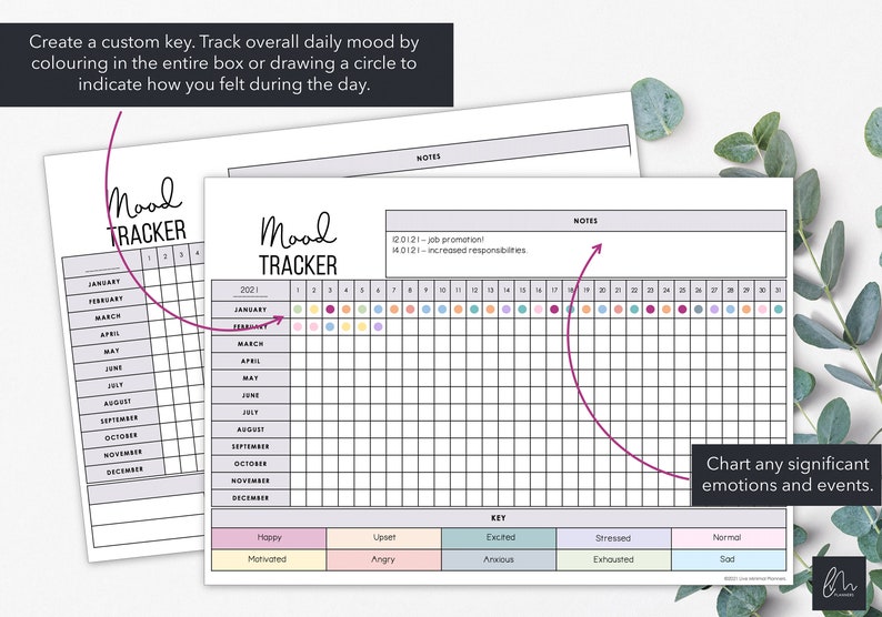 May include: A mood tracker chart with a key for tracking emotions. The chart includes space for notes and a key with colour-coded emotions. The text reads "Mood Tracker" and "Create a custom key."