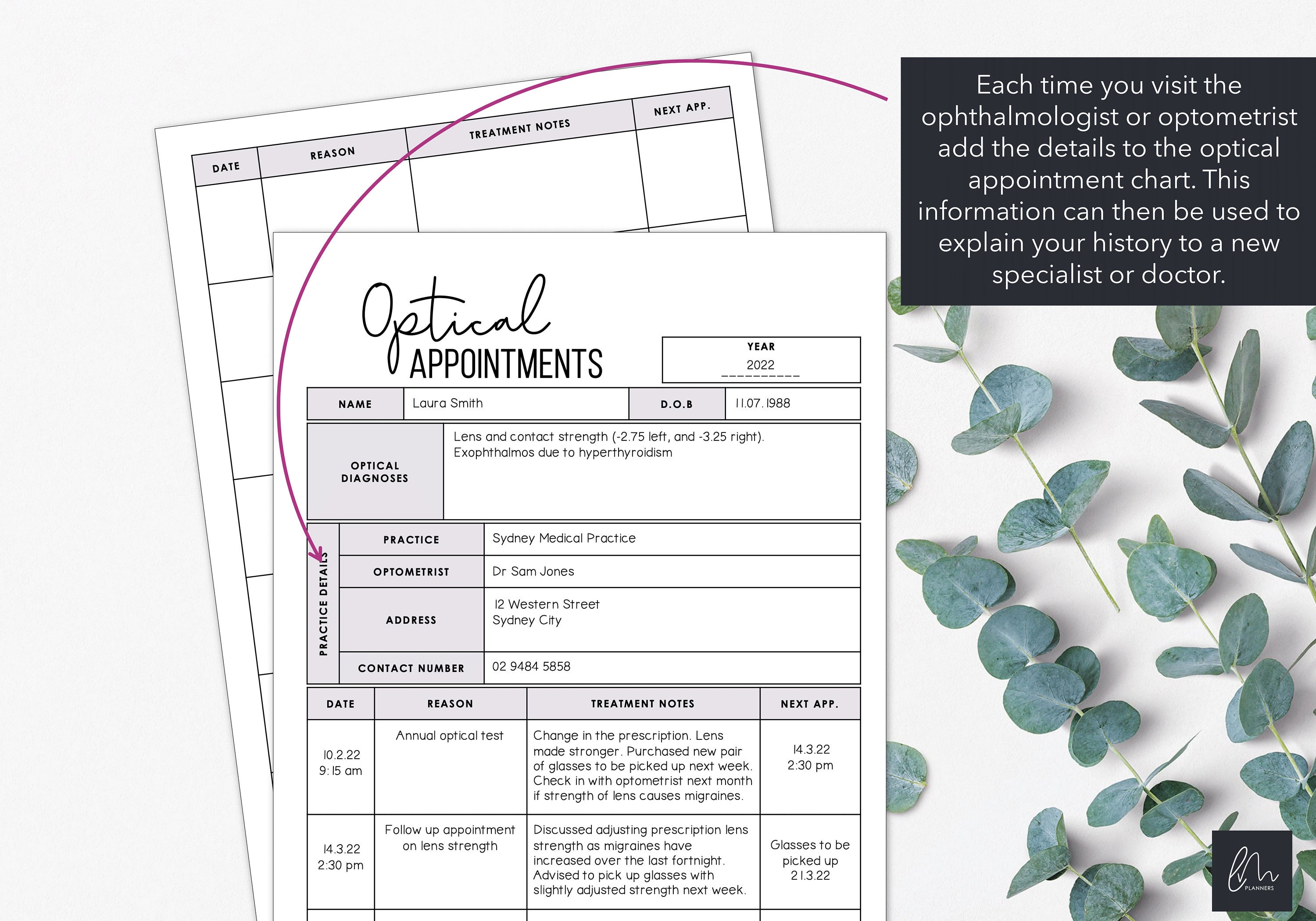 Annual Optical Appointment Chart Manage Historical and Future Optical Visits & Treatment Notes
