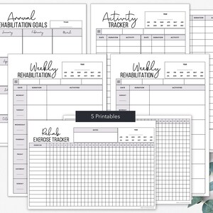 Puede incluir: Un conjunto de cinco planificadores de rehabilitaci&oacute;n imprimibles. Los planificadores incluyen un seguimiento de objetivos anuales, un seguimiento de actividades y horarios semanales de rehabilitaci&oacute;n. Tambi&eacute;n se incluye el Rehab Exercise Tracker. El texto "5 Printables" es visible.