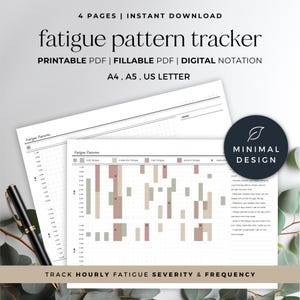 May include: A fatigue pattern tracker digital download featuring a printable PDF with hourly logs, color-coded severity levels, and notes sections. The document includes text labels for A4, A5, and US Letter sizes, and a circular badge stating Minimal Design.