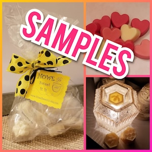 May include: A clear plastic bag filled with small white wax melts, tied with a yellow and black polka dot ribbon. The bag has a yellow tag that reads "Howe Sweet It Is" and a website address. The image also shows a wax warmer with a hexagonal glass top and a lit candle inside. The warmer is surrounded by three small wax melts.