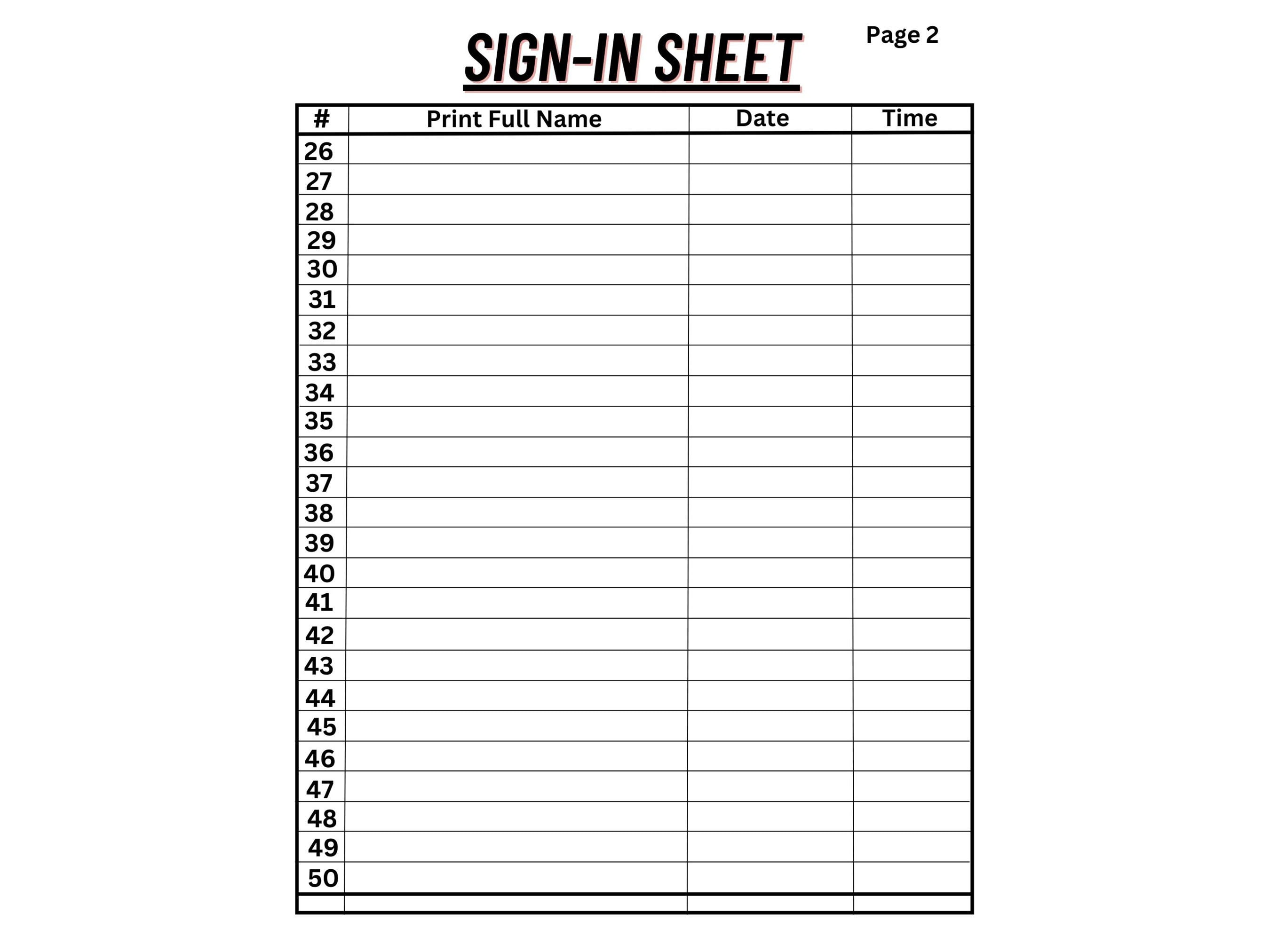 Printable Sign-in Sheet 25 Rows 8.5x11 Inches - Etsy