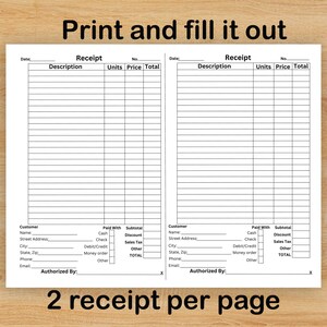 Printable Fillable Customer Receipt for Small Business - Etsy
